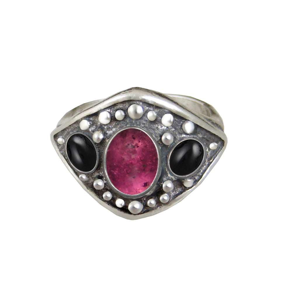 Sterling Silver Medieval Lady's Ring with Pink Tourmaline And Black Onyx Size 9